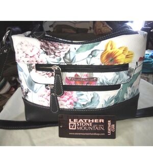 Stone‎ Mountain Leather Floral Print Shoulder Bag Women Black Zip Multi Pockets